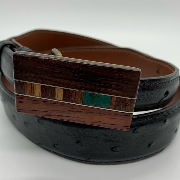70s Accessories - VINTAGE INLAY WOODEN & TURQUOISE BUCKLE AND OSTRICH BELT 26‌‌‌‌‌